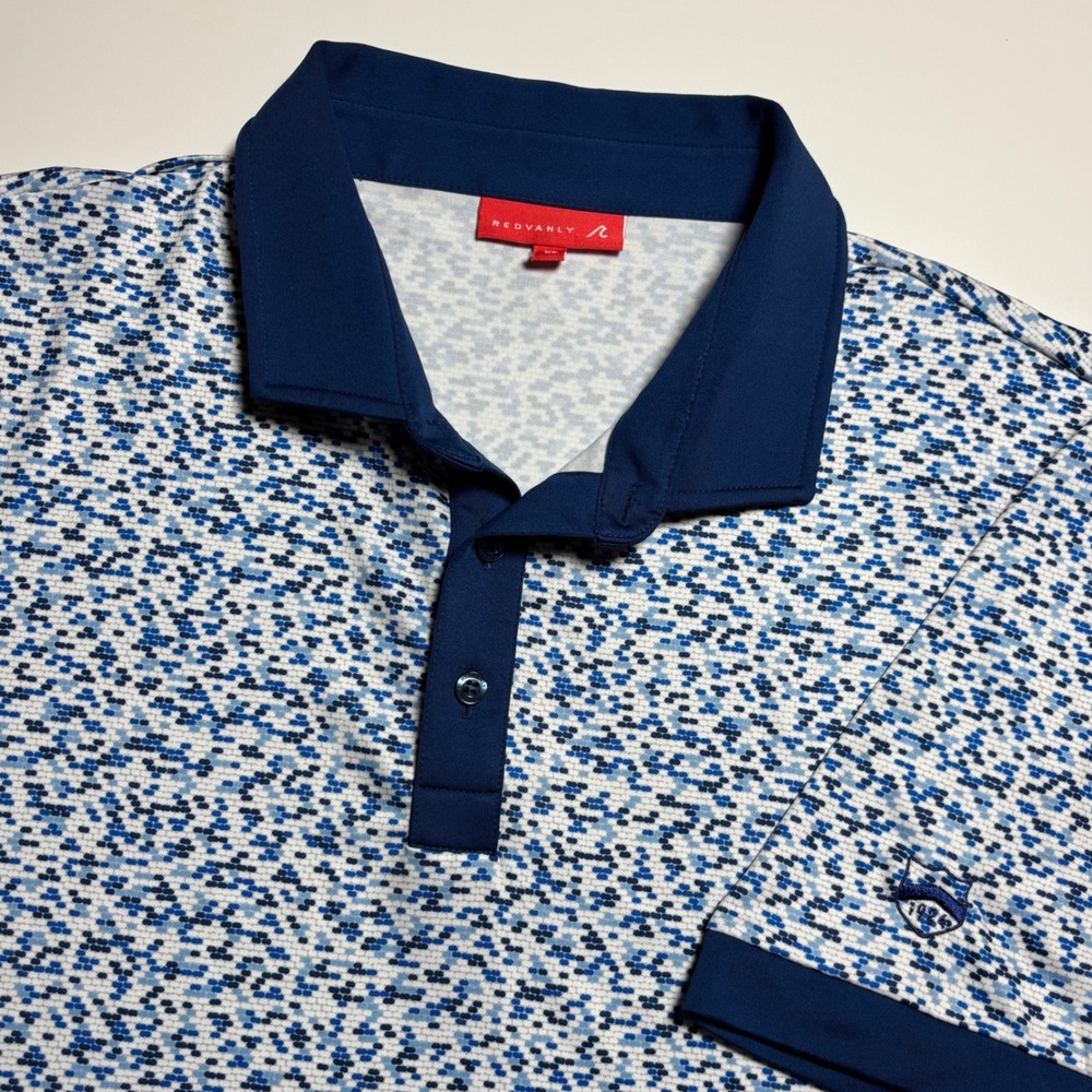 Redvanly Performance Golf Polo Mens XL Blue White  Micro Print Embroidery Shirt
